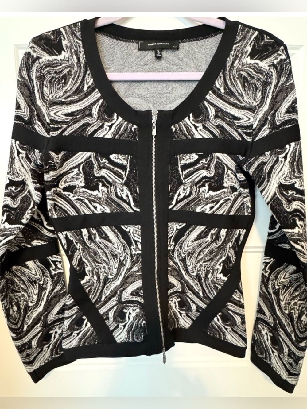 Robert Rodriguez Abstract Swirl Knit Zip Jacket Black White Structured Small